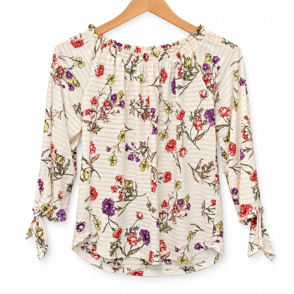 Ralph Lauren Top Womens PS White Floral Print Split Cuff Tie Sleeve Cottagecore